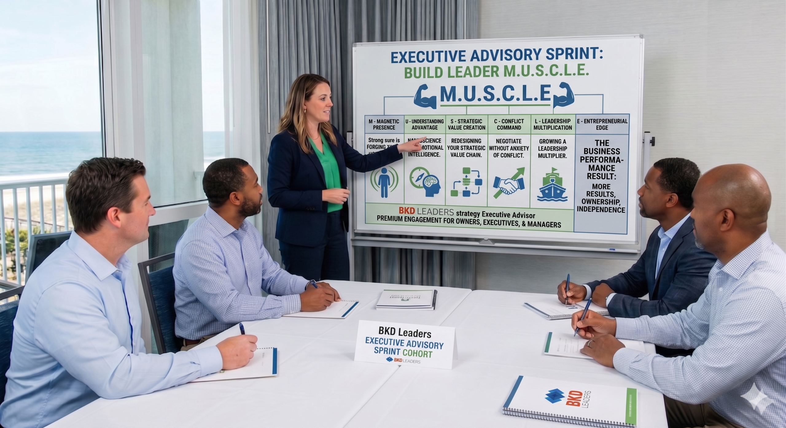 Executive Advisory Sprint cohort working through the Build Leader MUSCLE framework